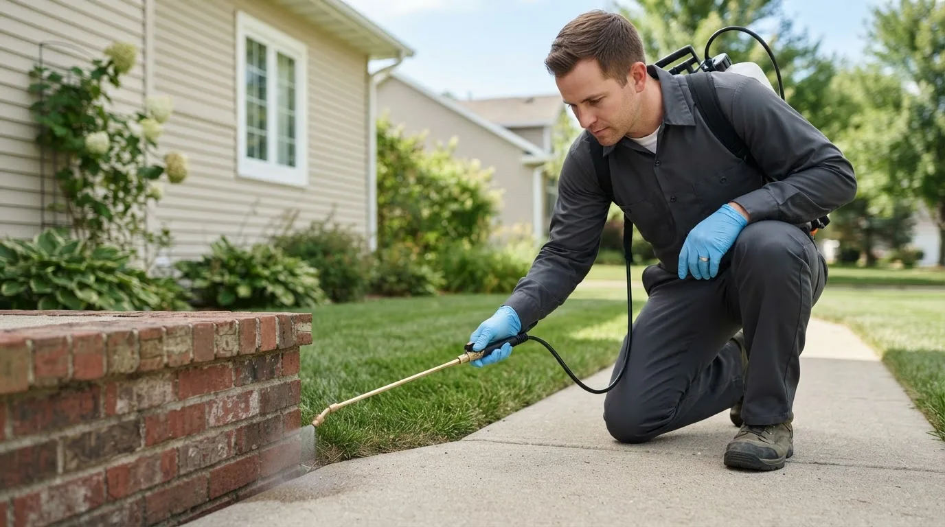 Pest control technician treating a home near Seville, OH