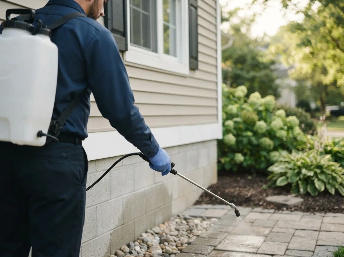 Pest control technician inspecting a home in Seville, OH